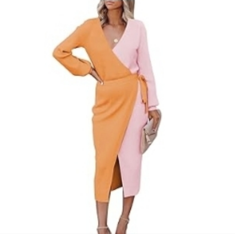 🧡ColorBlock Midi Wrap Dress🩷